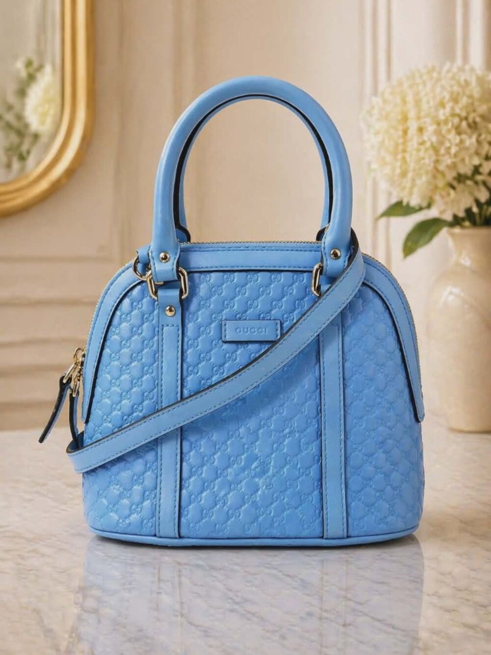 Authentic Gucci Microguccissima Dome Satchel Blue Leather Crossbody | Luxury - Picture 1 of 16